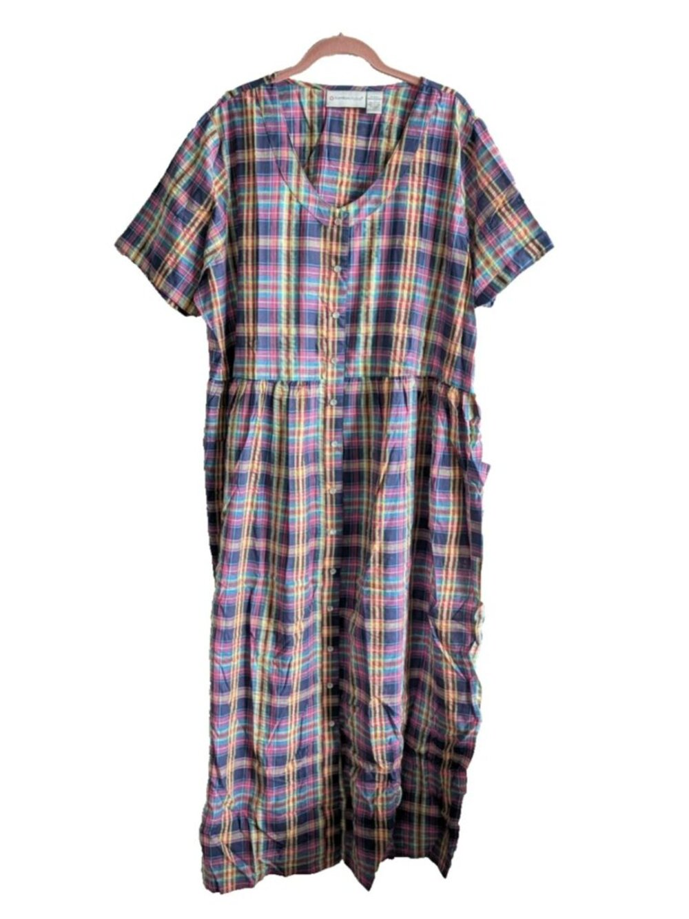 Vtg Plaid Cottagecore Pocket House Dress Nightgown Pearl Snap 1X Comfort Choice